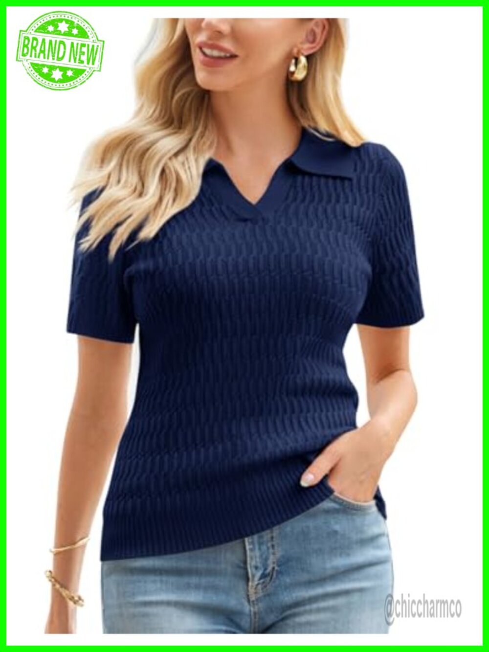 Women's Short Sleeve Cable Knit Polo Sweater V Neck Lightweight Pullover
